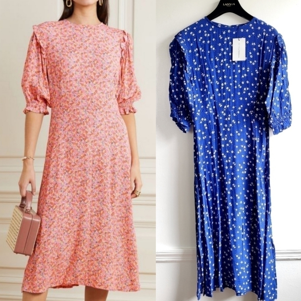 Faithfull The Brand Jean Marie Betina Floral Print Cobalt Blue Midi Dress NWT 6